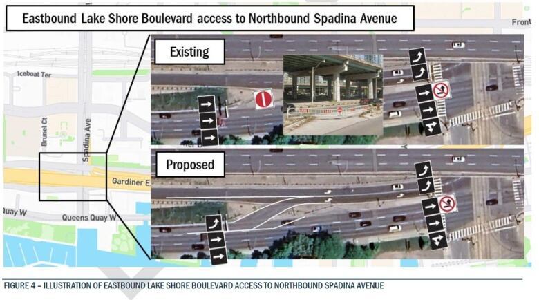 An overhead view with graphics shows a proposed left turn from Lake Shore Boulevard onto Spadina Avenue