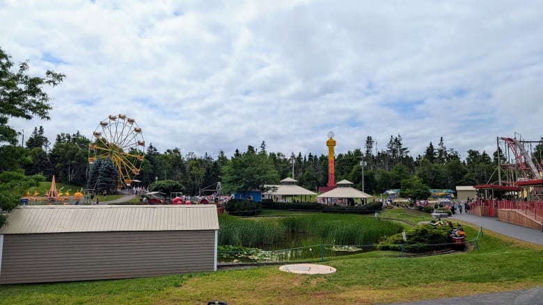 A photo show a theme park with a rollercoaster, ferris wheel and other attractions.