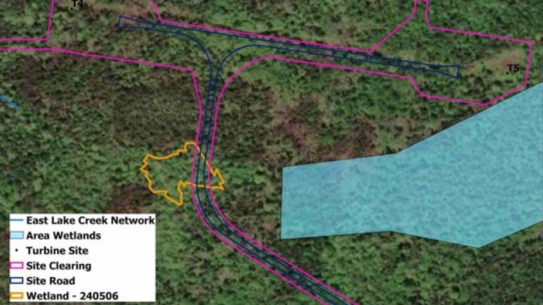 A map with a yellow area highlighted and labelled wetland, which is within another highlighted area labelled 