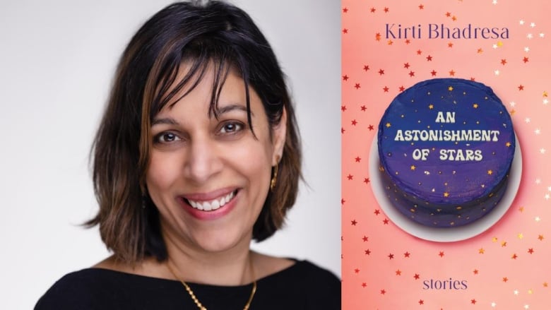 A woman with a brown bob and bangs smiles into the camera. A book cover shows a cake decorated with stars on a star-covered pink table. 