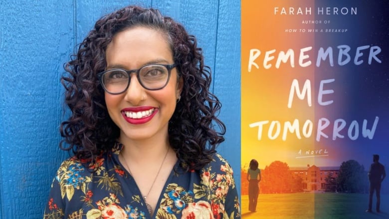 A woman with curly dark hair and glasses smiles into the camera. A book cover shows half the sky in night and half in day. It has a school building with a boy and girl standing in front of it, the boy is in the night and the girl is in the day. 