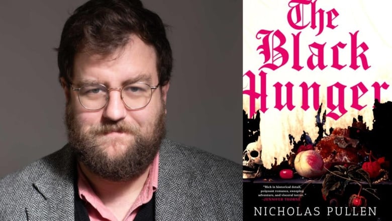 A white man with glasses, short brown hair and a beard looks at the camera. A book cover shows a skull, fruit, and treasure in front of a wall of fire. 