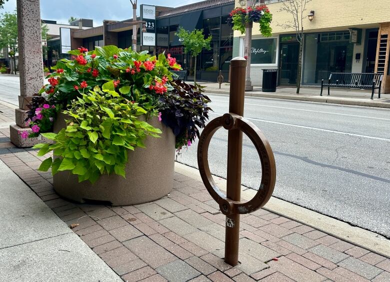 A bicycle rack on a city street.