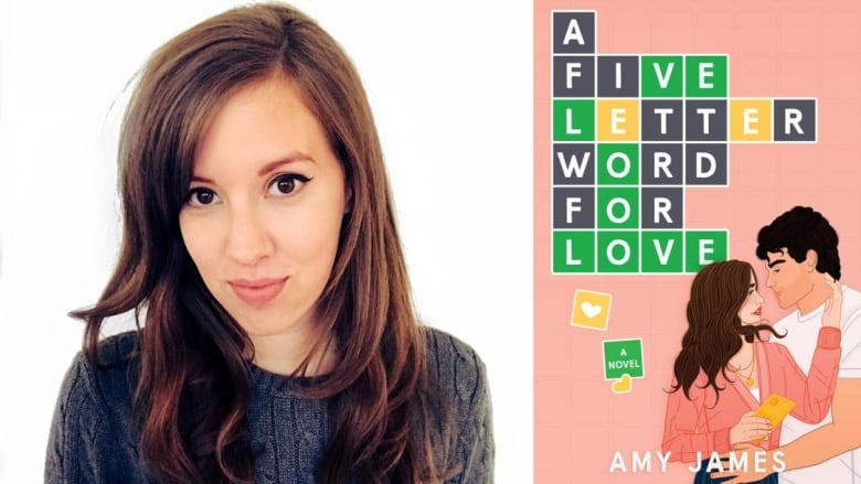 A white woman with long brown hair looks at the camera. A book cover shows the book title written in a crossword with a cartoon man and woman embracing. 