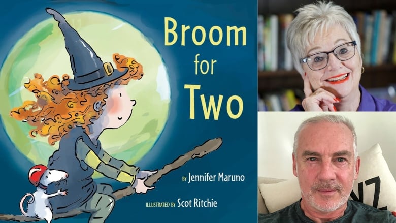 The book jacket for Broom for Two by Jennifer Maruno, illustrated by Scot Ritchie, showing a girl sitting on a broomstick, with a little creature wearing a red helmet sitting behind her and holding on. On the right are photos of the book's two creators.