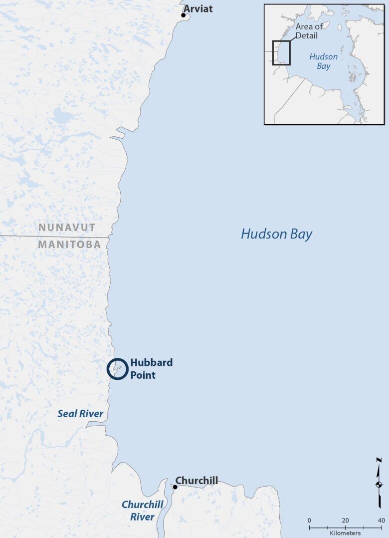 A map showing Arviat, Hubbart Point, Churchill, the Seal and Churchill rivers and Hudson Bay.