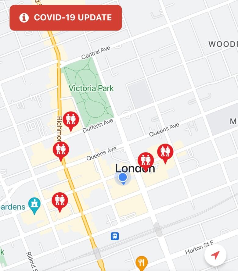 A screenshot of a map with five red dots locating public washrooms. 