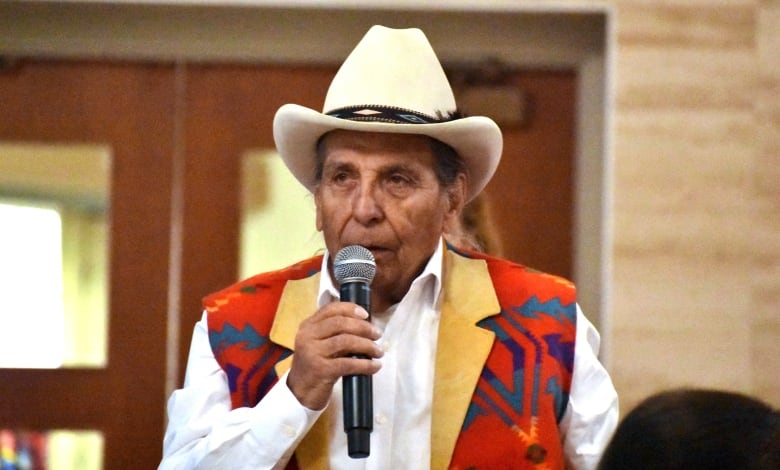 Older man in a cowboy hat speaking into microphone.