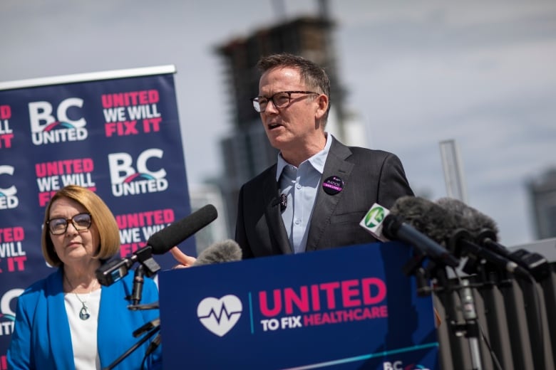 A white man speaks at a podium marked 'United to fix healthcare', with a woman next to him next to a banner marked 'BC United' and 'United We Will Fix It'.