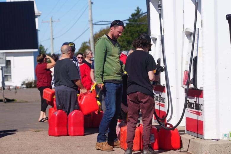 People in North Rustico, P.E.I. lineup for gas in the days after post-tropical storm Fiona hit P.E.I. in September 2022.