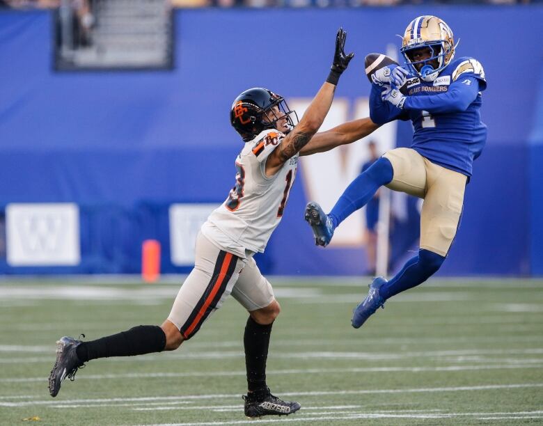 A football player wearing blue and gold catches the ball in the air while a player on the opposing team in white tries to grab him. 