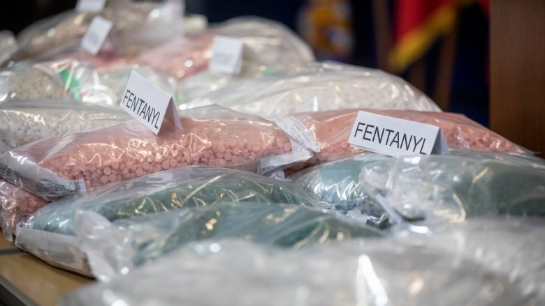 Bags of illegal drugs are laid across a table during a police press conference.