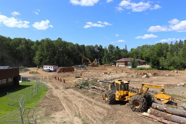 Heavy equipment and a dump truck are parked next to trees that have been cut down on a muddy lot. It's a sunny day. 