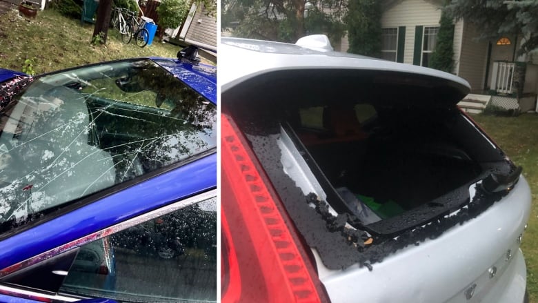 two images, both of different car windows with cracks or smashed open.