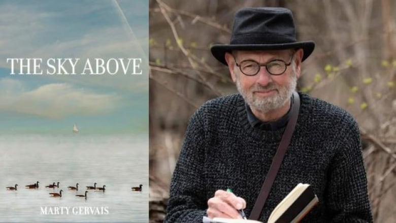 The book cover: an illustration of a lake with ducks floating on the water and the author photo: a bearded man wearing glasses and a hat writing in a journal