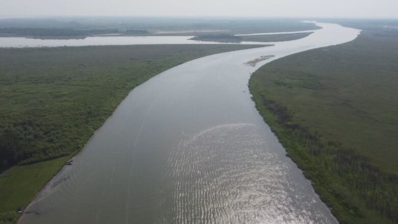 Aerial shot of river, showing several tributaries and wetlands