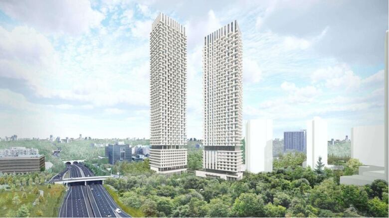 Two tall condo buildings are shown in an artist rendering. 