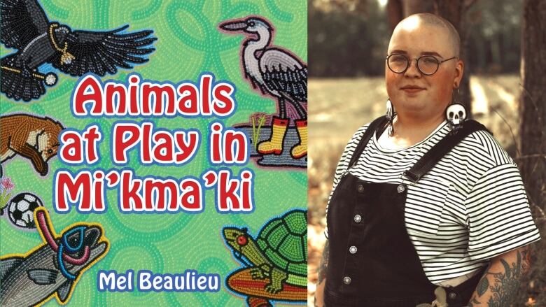 The book cover for Animals at Play in Mi'kma'ki by Mel Beaulieu, showing beaded illustrations of animals such as bears, turtles and salmon. On the right is the book's author illustrator. 