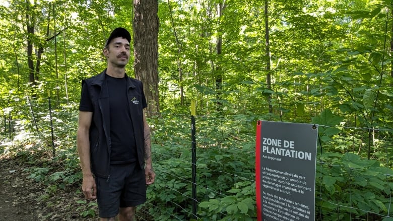 man in front of sign in forest