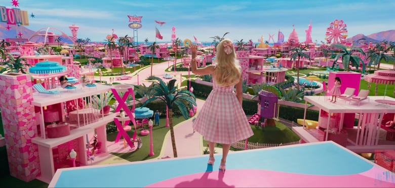 Still from Barbie looking over Barbie Land