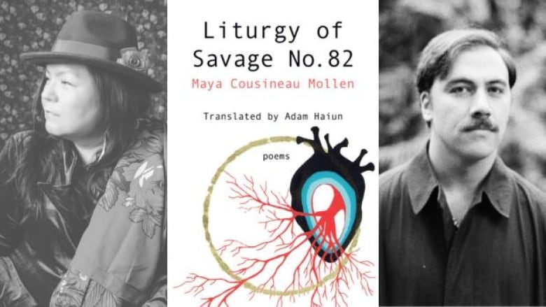 Black and white photo of the author: an Indigenous woman with long hear and wearing a hat looking to the side, the book cover with an illustration of a human heart and a black and white photo of the translator: a man with short hair and a mustache