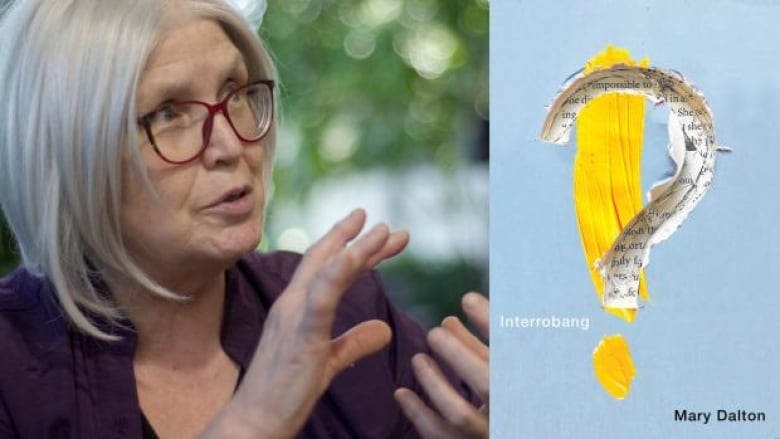 The author: a woman with shoulder length white hair and red-rimmed glasses and the book cover: a question mark carved out of a book over a trace of yellow paint