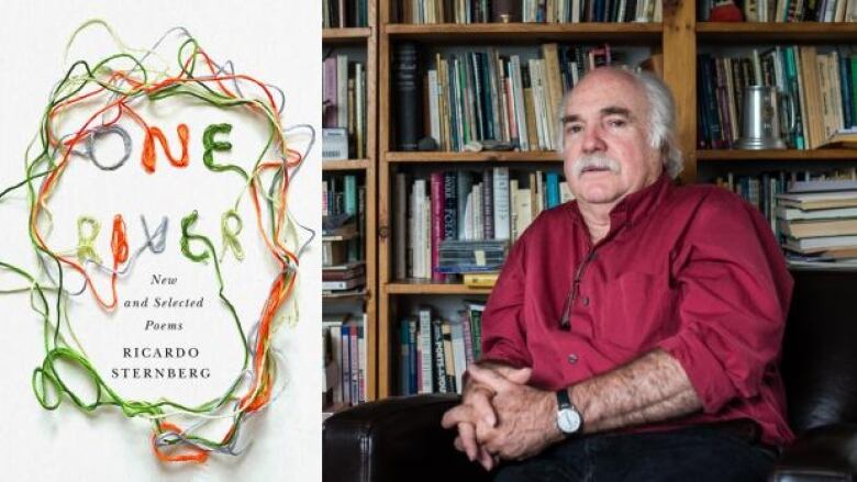 The book cover with the title written in multicoloured yarn and the author photo: a man with white hair wearing a red shirt and sitting in front of a bookshelf