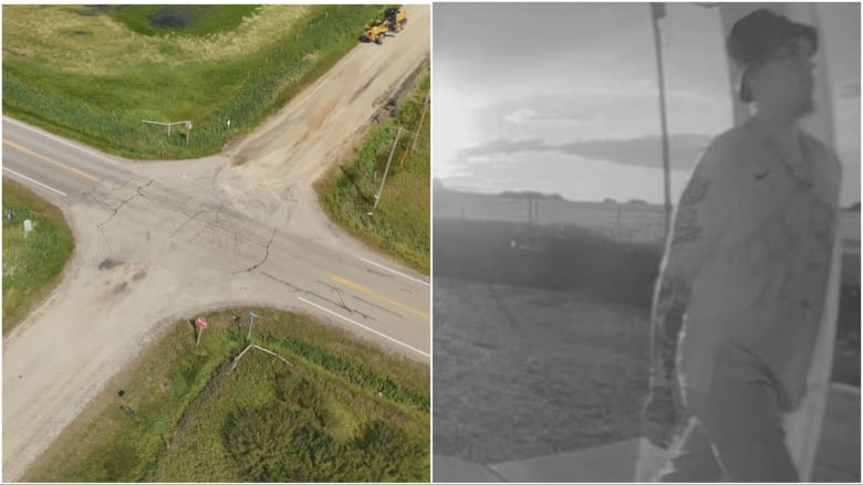 On the left, a rural intersection pictured from above, on the right, a grainy doorbell camera image of a man in a bucket hat. 