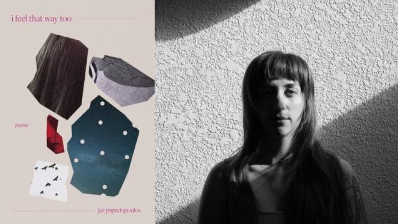 The book cover with scraps of paper of different patterns and the author photo: a black and white portrait of a person with long hair and their face shadowed