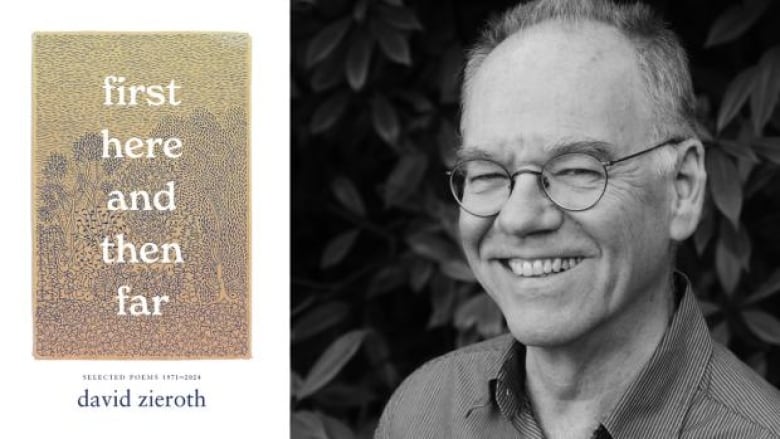 The book cover with a monochromatic illustration of flowers and trees and the author photo: a smiling man standing in front of foliage and smiling at the camera