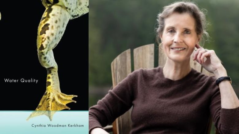 The book cover with a snake eating a frog and the author photo of a woman sitting on a lounge chair and wearing a brown sweater