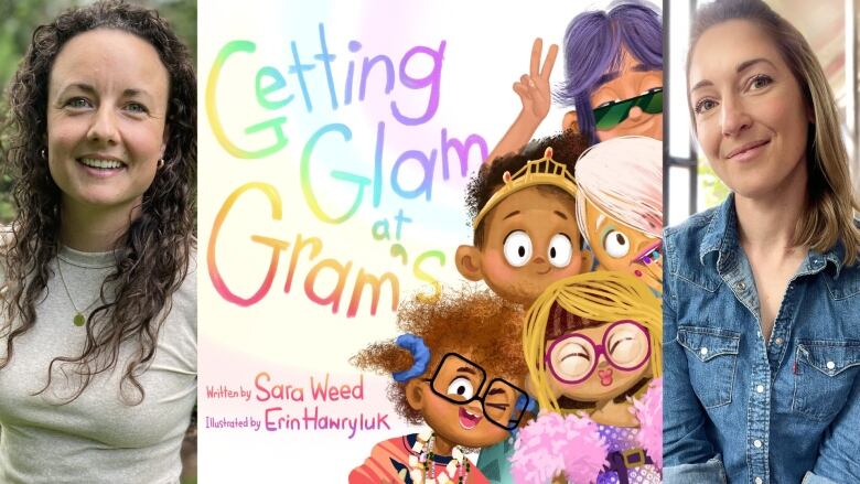 The book cover of Getting Glam at Gram's by Sara Weed, illustrated by Erin Hawryluk, showing five young children smiling at the camera. On either side of the book cover are photos of the book's creators. 