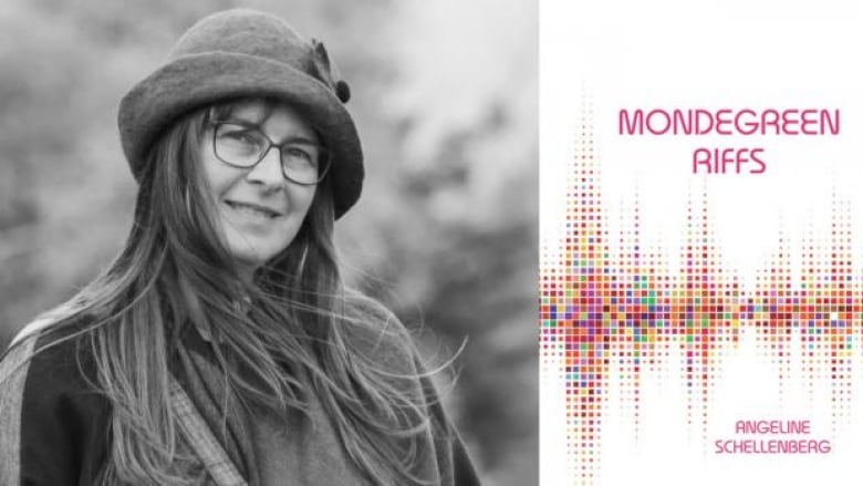 A black and white portrait of the author: a woman with long hair with glasses and wearing a hat and the book cover: pixelated and multi-coloured soundwaves