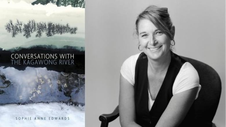 The book cover; a winter landscape with a river in the middle and the title written in the river and the author photo: a black and white portrait of a woman with her hair pulled back and sitting on a chair