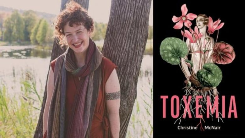 The book author: a woman with curly hair and wearing a scarf while leaning against a tree and the book cover with an illustration of a woman taking roots in flowers and plants