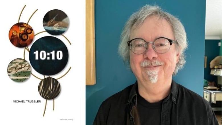 The book cover: 4 circles with various images in them and one bigger circle with the title written in it and the author photo: a man with grey hair and glasses standing in front of a teal-coloured wall