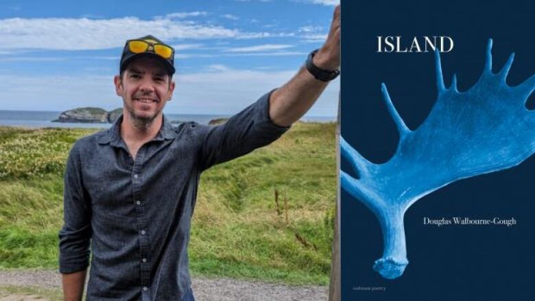 The author: a man wearing a cap with sunglasses on it with his hand raised and the book cover: a severed blue moose antler with the title written in white letters