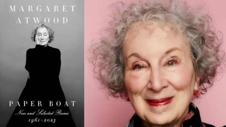 The book cover featuring a black and white portrait of a woman in a long black dress and with her hands on the side of her face and the author photo: a woman with curly grey hair and wearing pink lipstick smiles at the camera