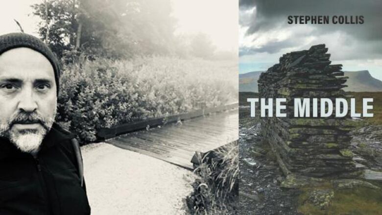 The author: a selfie of a man wearing a beanie next to a bridge and the book cover: a pile of flat rocks and clouded sky above with the title written in the middle