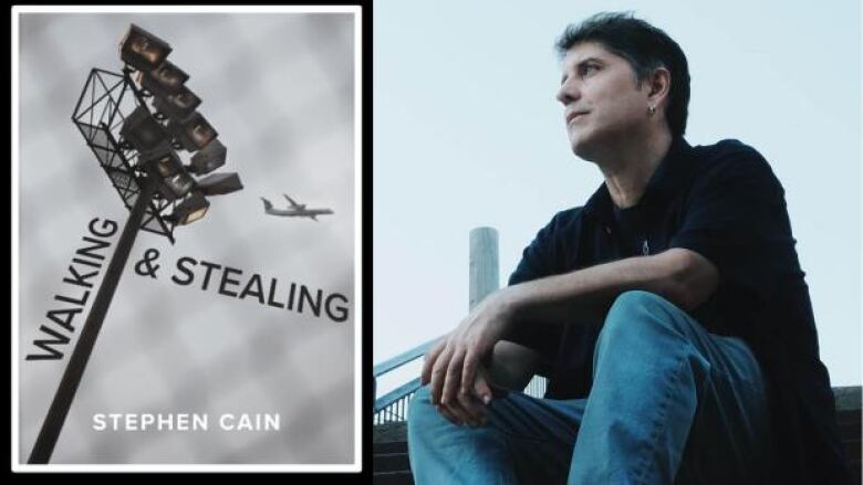 The book cover: a photo of stadium lights with an airplane flying in the sky in the background and the author photo: a man wearing a black shirt and blue jeans sitting down