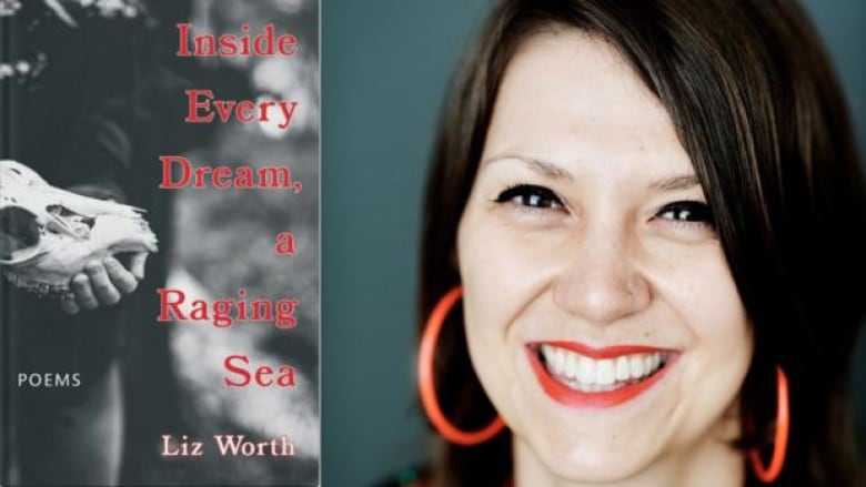 The book cover: a black and white blurry photo of a hand holding a skull with the title written in red letters and the author photo: a smiling woman with long dark hair and big red loops earrings