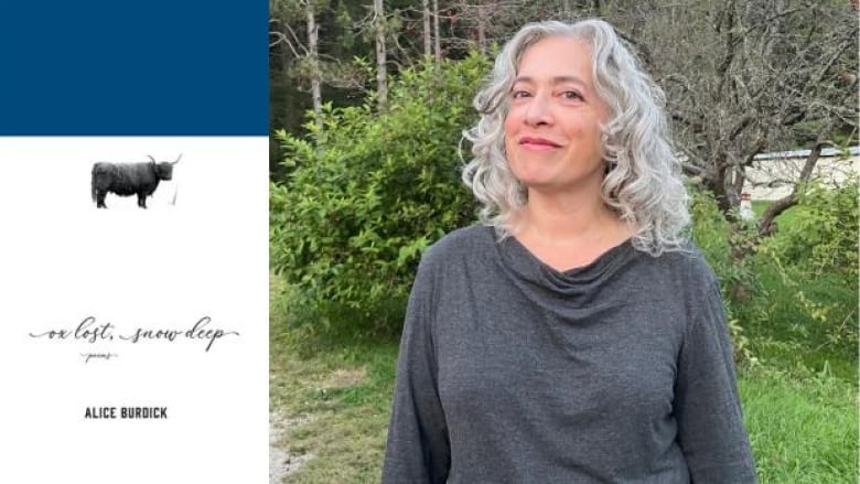 The book cover: an ox in the middle of snow and the author photo: a woman with wavy grey hair wearing a grey sweater and standing in front of a bush