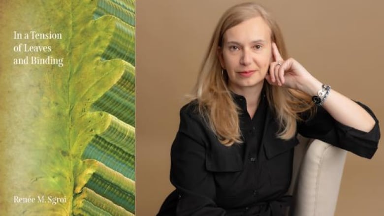 The book cover: a juxtaposition cascade of the same green leaf and the author photo: a woman with long blonde hair wearing a black blouse and sitting on a beige chair