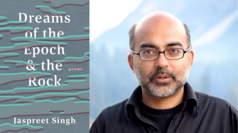 The book cover with uneven shapes in different shades of teal and the author photo: a man wearing glasses and a black collared shirt and is looking directly into the camera