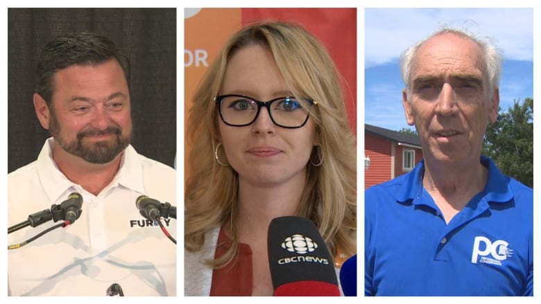 A collage of three photos: On the left, a man wearing a white polo shirt stands at a microphone. In the middle, a woman with long blonde hair stands in front of a microphone. On the right, a man wearing a blue polo shirt stands outside a home.