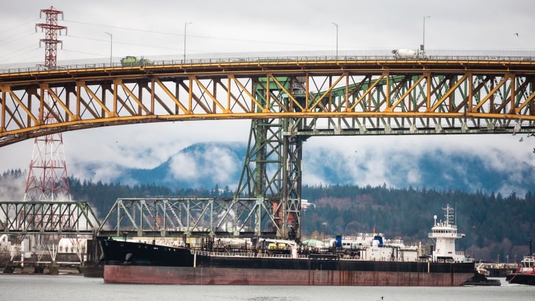 A large bridge is seen on a cloudy day, with a ship underneath it and smoke from industries.