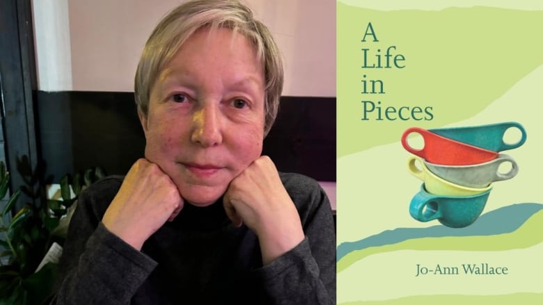 A white woman with short grey hair and her hands on her chin looks at the camera. A book cover shows four tea cups stacked on a green background.