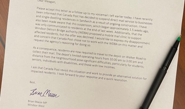 A social media post photo of the letter Windsor West MP Brian Masse penned to Canada Post about a recent disruption of mail delivery service in Sandwich Town.