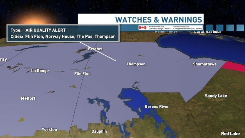 A map showing the areas covered by a weather alert in Manitoba.