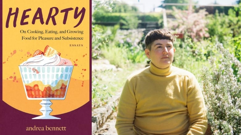 A book cover shows an illustrated trifle on a yellow and purple background. A person with short brown hair sits in a garden. 